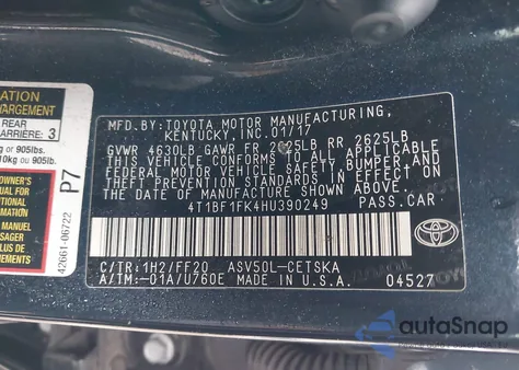 2017 Toyota Camry Se из США, поврежденный, VIN 4T1BF1FK4HU390249